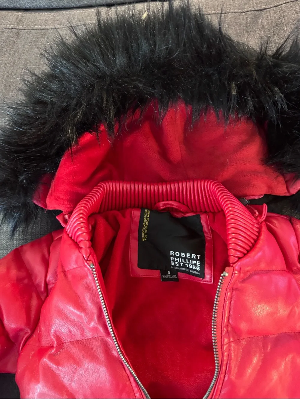 Robert Philippe Red Puffer Jacket with Faux Fur Hood